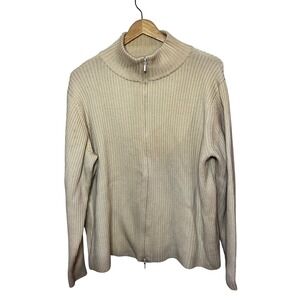 Eileen Fisher 1X Merino Wool Ribbed Knit Zip Up Sweater Jacket Beige